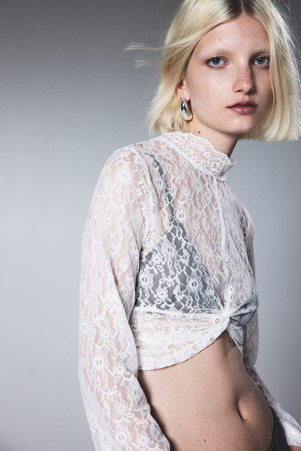 H&M Long-sleeved Lace Top White