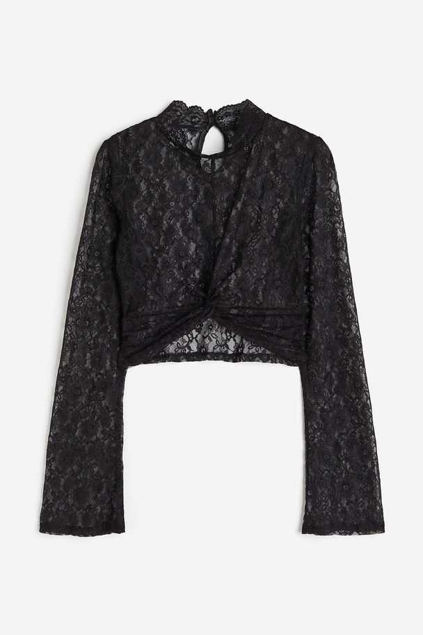 H&M Long-sleeved Lace Top Black