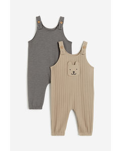 2-pack Cotton Dungarees Beige/bear