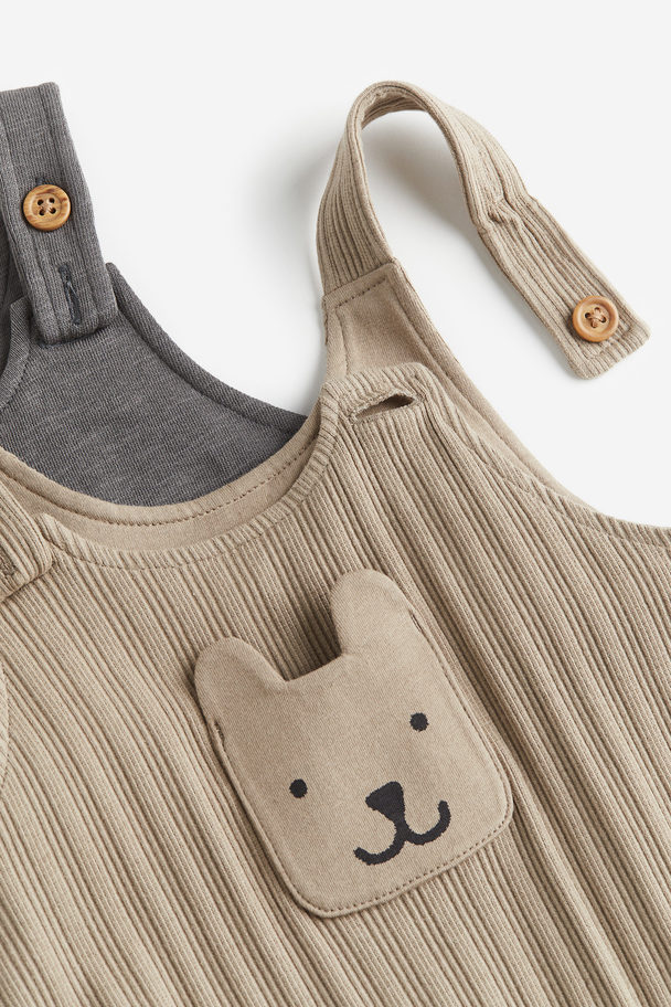 H&M 2-pack Cotton Dungarees Beige/bear