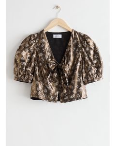Cropped Metallic Bow Top Black Florals