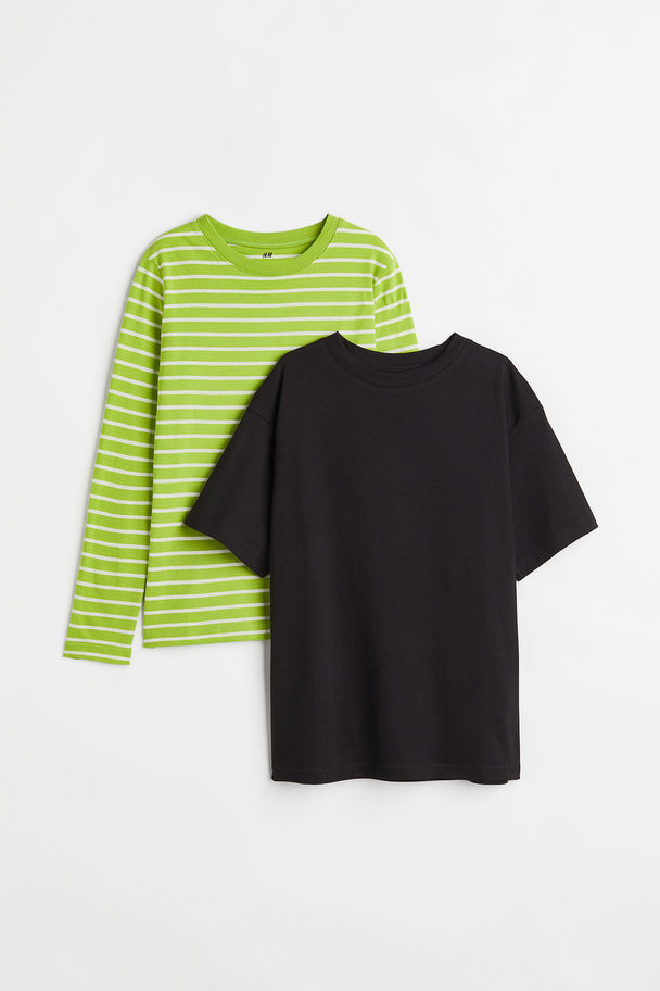 H&M 2-pack Cotton Jersey Tops Bright Green/black