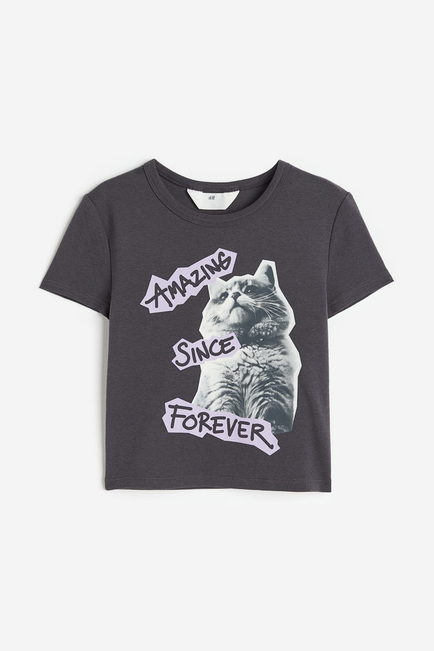 H&M T-shirt Met Geprint Motief Donkergrijs/kat