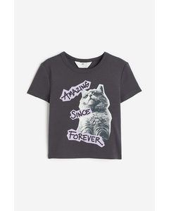 T-Shirt mit Motivprint Dunkelgrau/Katze