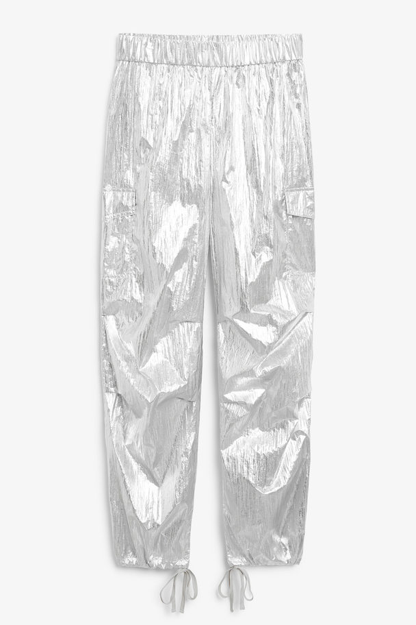 Monki Parachute Trousers Regular Waist Crinkle Silver Silver Coloured