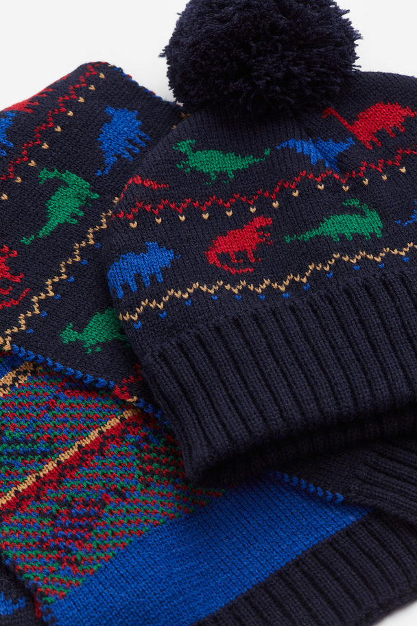 H&M 2-piece Jacquard-knit Set Navy Blue/dinosaurs