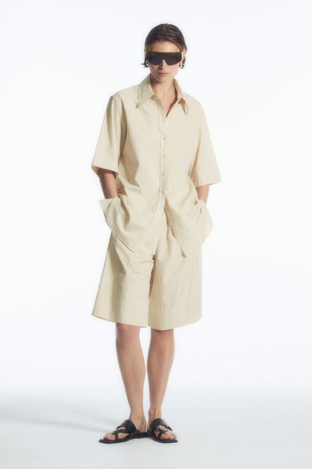 COS Short-sleeved Tunic Shirt Beige / Pinstriped