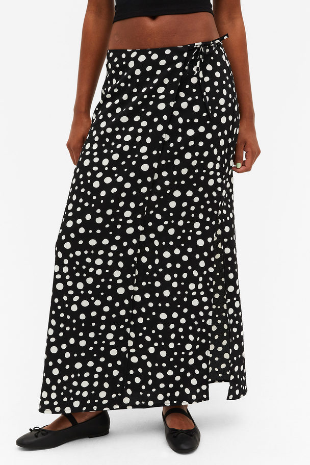 Monki Long Skirt With Tie Waist Black With White Dots
