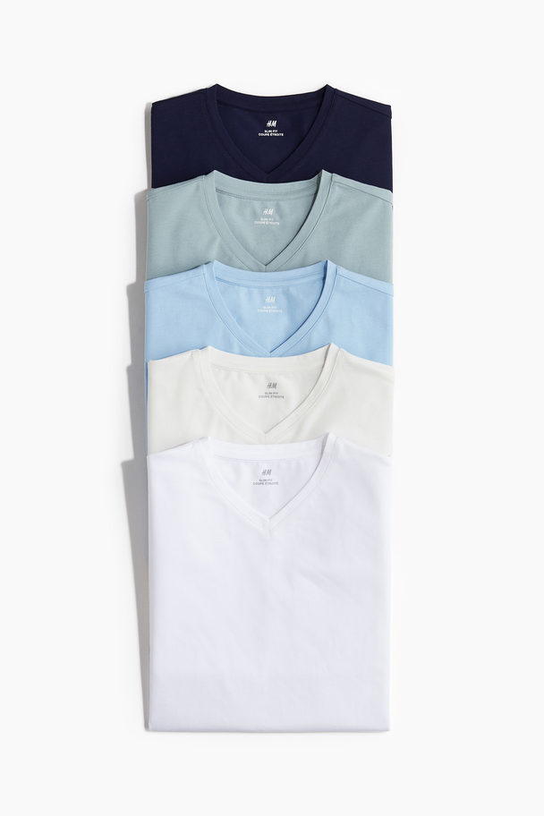 H&M 5er-Pack T-Shirts mit V-Ausschnitt in Slim Fit Weiß/Türkis/Blau