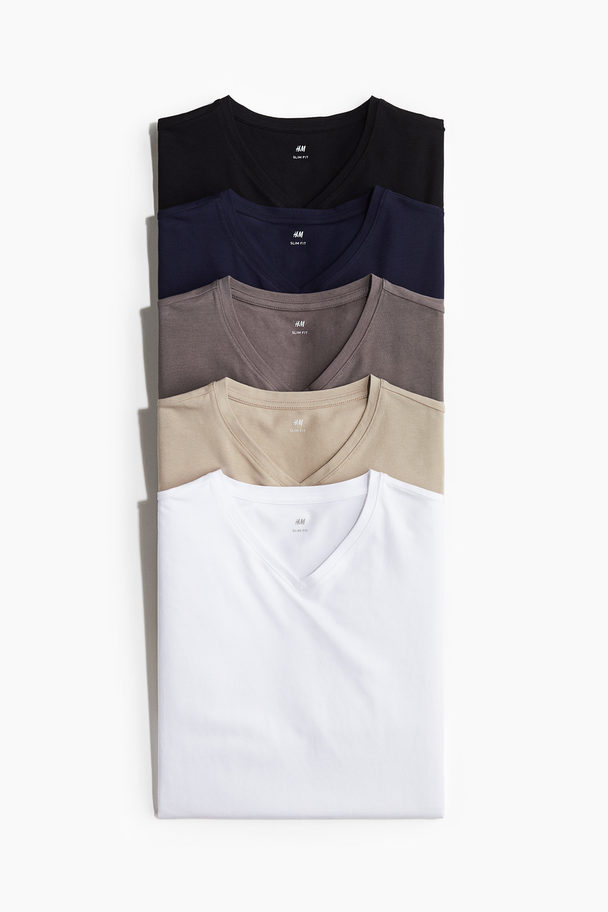 H&M Set Van 5 T-shirts Met V-hals - Slim Fit Wit/beige/marineblauw