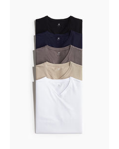 5er-Pack T-Shirts mit V-Ausschnitt in Slim Fit Weiß/Beige/Marineblau