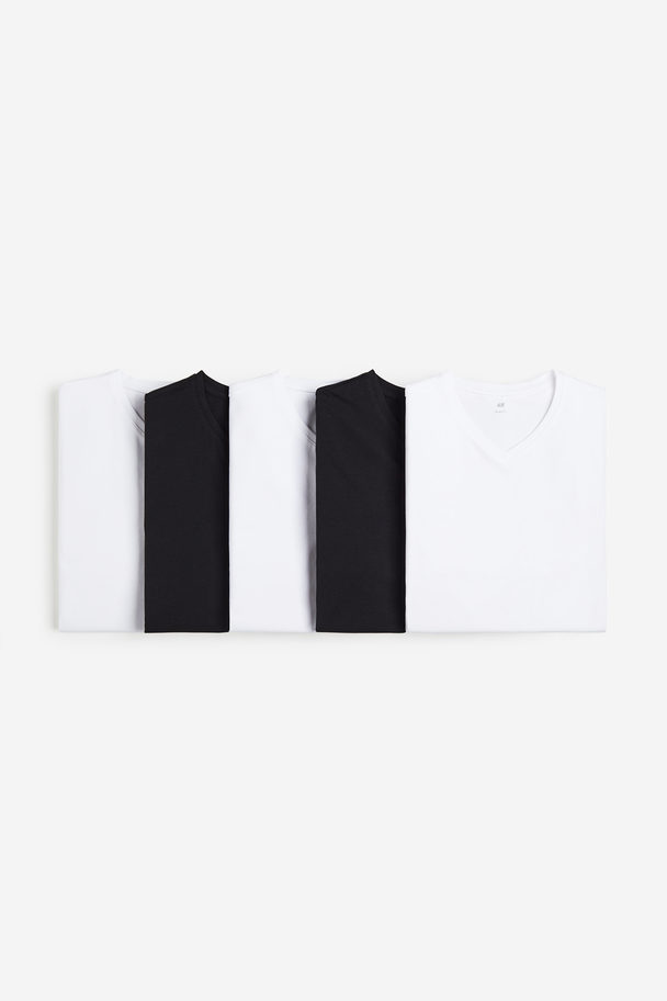 H&M 5er-Pack T-Shirts mit V-Ausschnitt in Slim Fit Schwarz/Weiß