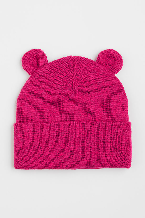 H&M Ear-detail Knitted Hat Pink