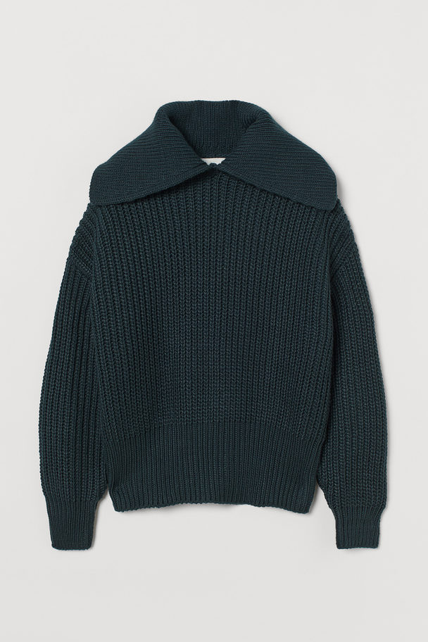 H&M Gerippter Pullover mit Kragen Dunkelgrün
