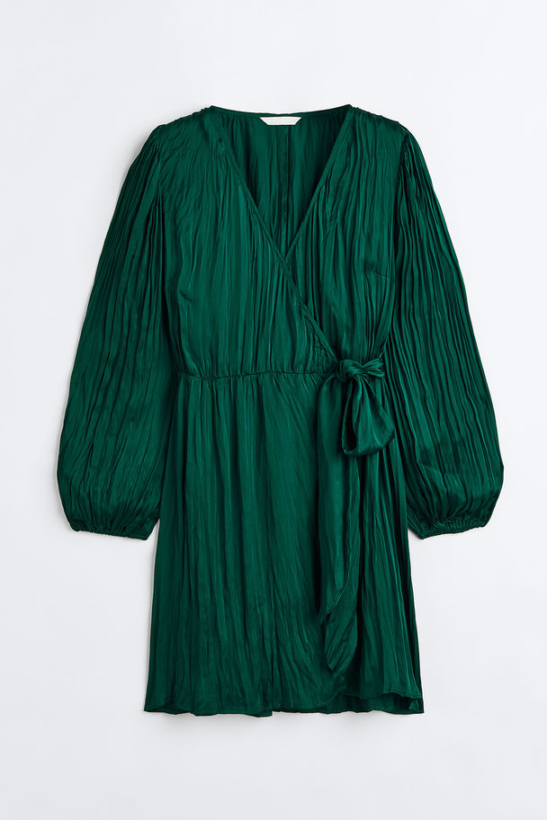 H&M Balloon-sleeved Wrapover Dress Dark Green