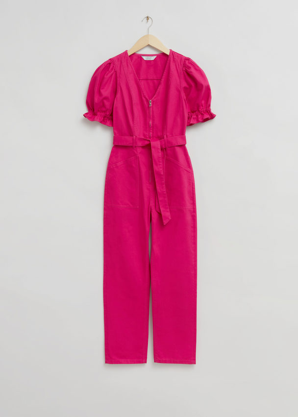 & Other Stories Feminine Puff Sleeve V-neck Jumpsuit Bright Pink