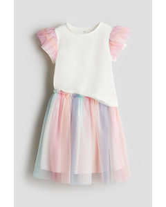 2-piece Top And Tulle Skirt Set White/multi-coloured
