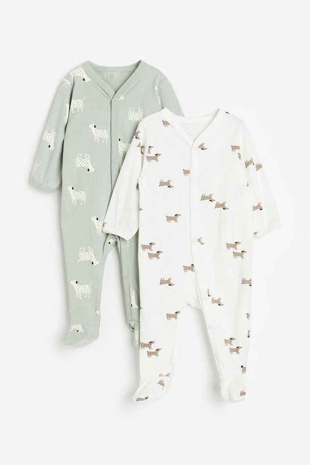 H&M 2-pack Pyjamasoverall Med Fötter Vit/hundar
