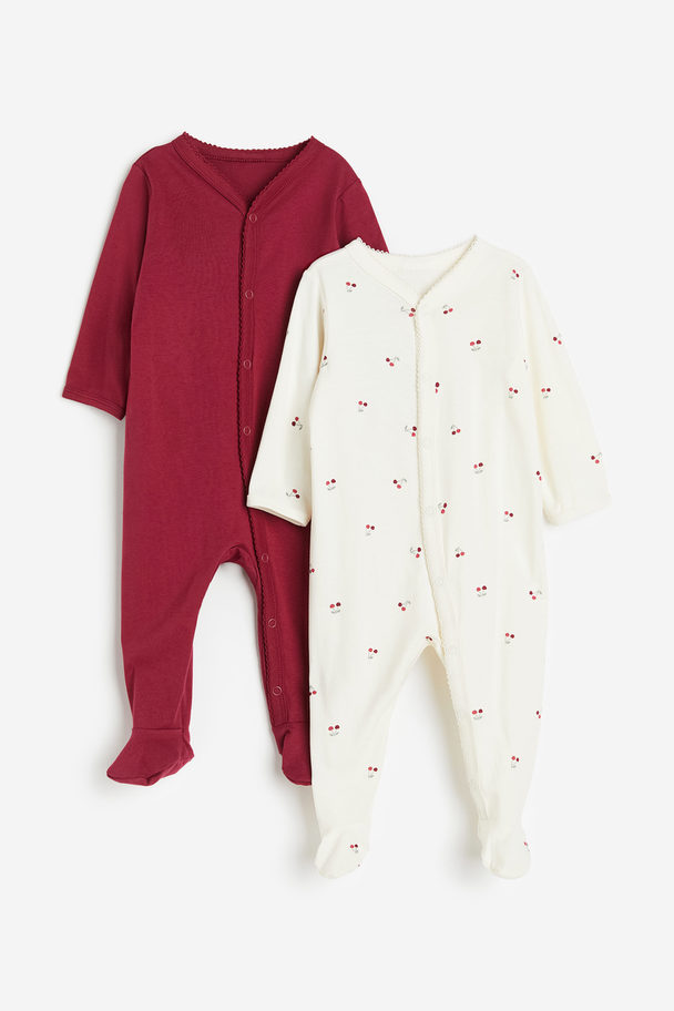 H&M 2-pack Pyjamasoverall Med Føtter Hvit/kirsebær