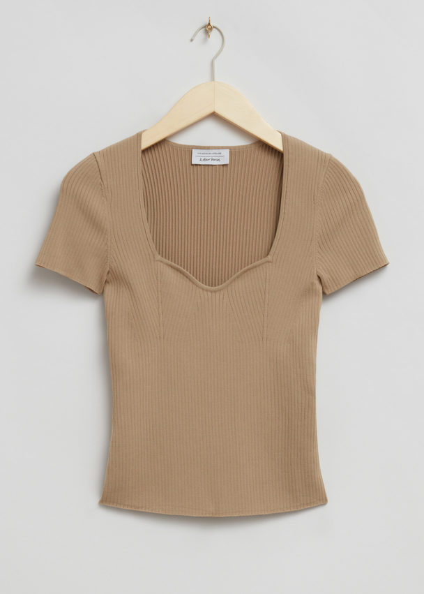 & Other Stories Knitted Sweetheart Neck Top Dusty Beige