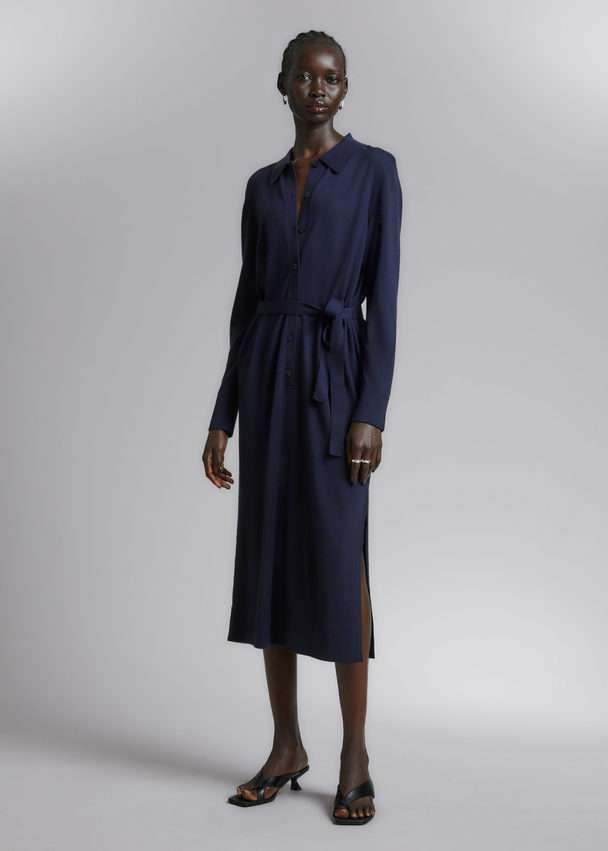 & Other Stories Knitted Polo Dress Dark Blue