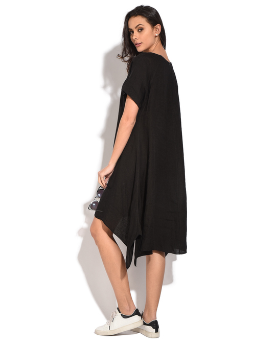 Le Jardin du Lin Mid-lenght Trapeze Dress With Lace Insert And Half-sleeves