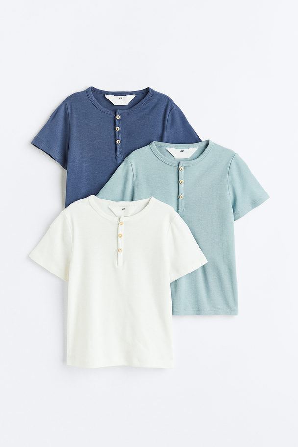 H&M Set Van 3 Henleyshirts Blauw/turkoois/wit