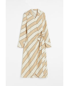 Linen-blend Wrap Dress Beige/diagonal Stripes