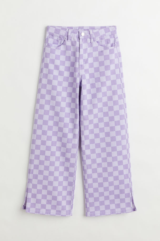 H&M Wide High Twill Trousers Purple/checked