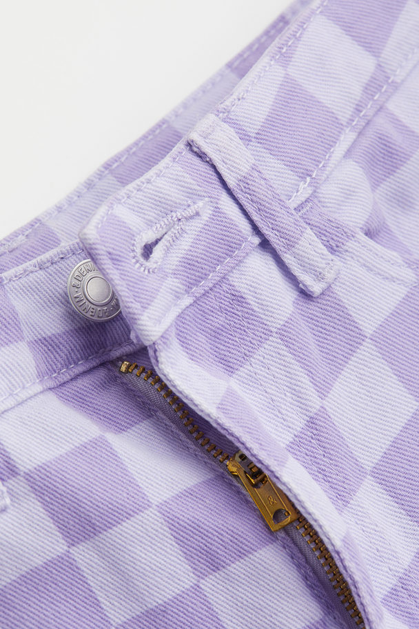 H&M Wide High Twill Trousers Purple/checked