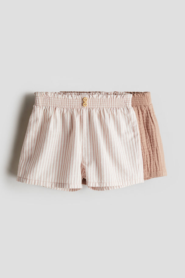 H&M 2-pack Smocked-waist Shorts Beige/striped