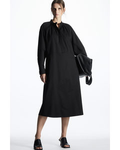 Relaxed-fit Gathered Midi Shirt Dress Black