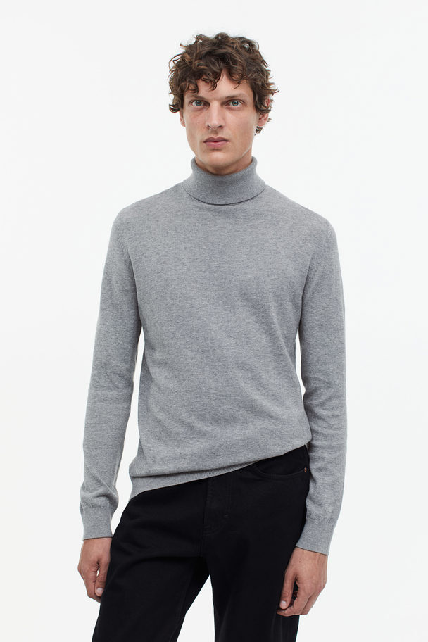 H&M Slim Fit Fine-knit Polo-neck Jumper Grey Marl