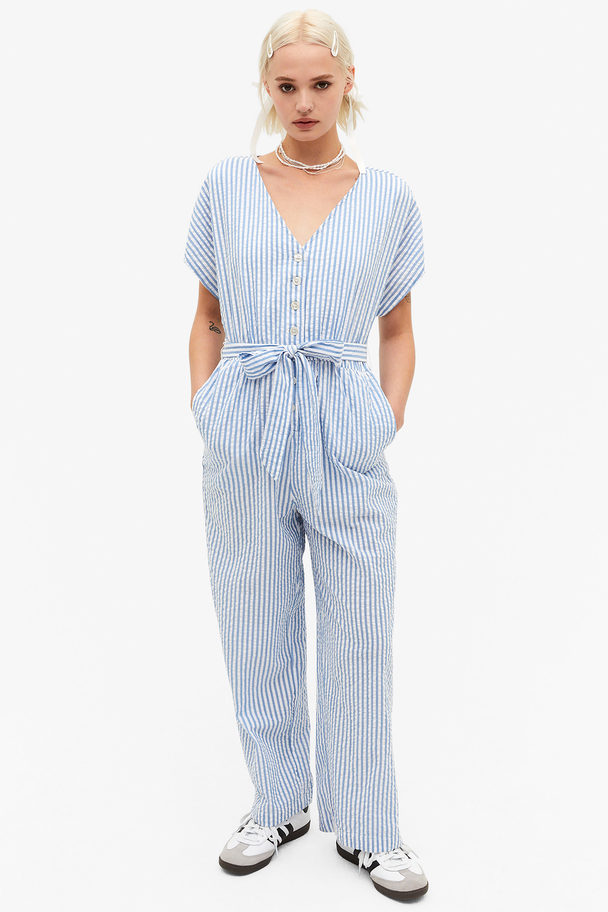 Monki Blue Striped Wide Leg Jumspuit Blue Pyjama Stripes