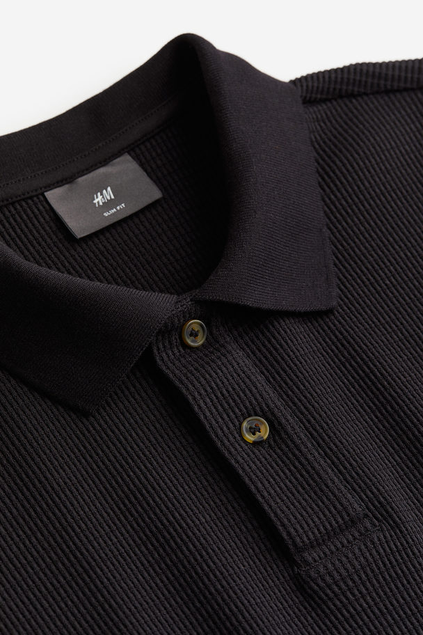 H&M Poloshirt Van Wafeltricot - Slim Fit Zwart