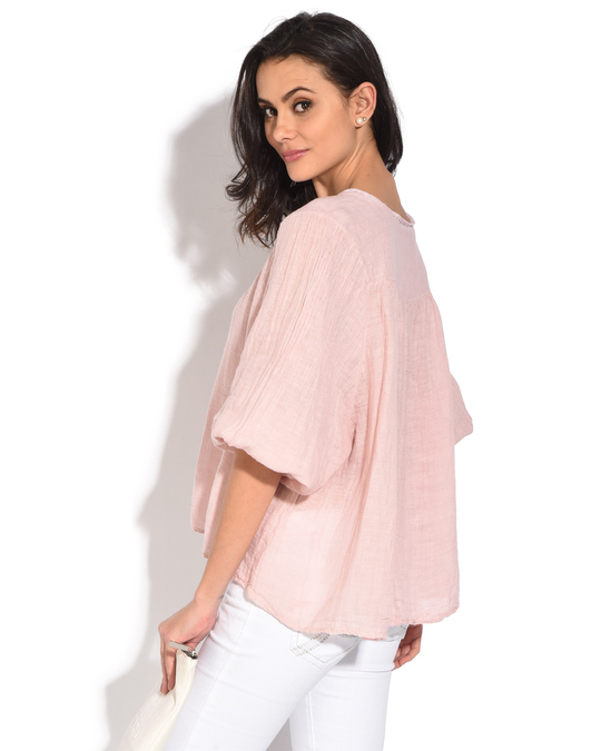 Le Jardin du Lin V-neck Top With Lace Insert And Half- Sleeves