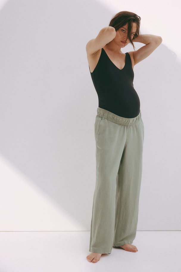 H&M Mama Before & After Linen-blend Trousers Light Khaki Green