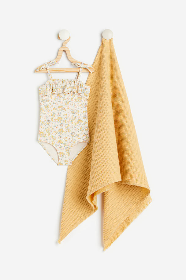 H&M Swimsuit And Towel Set Mustard Yellow/floral