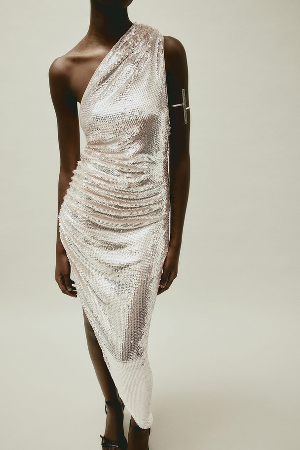 H&M Sequined One-shoulder Dress Light Beige