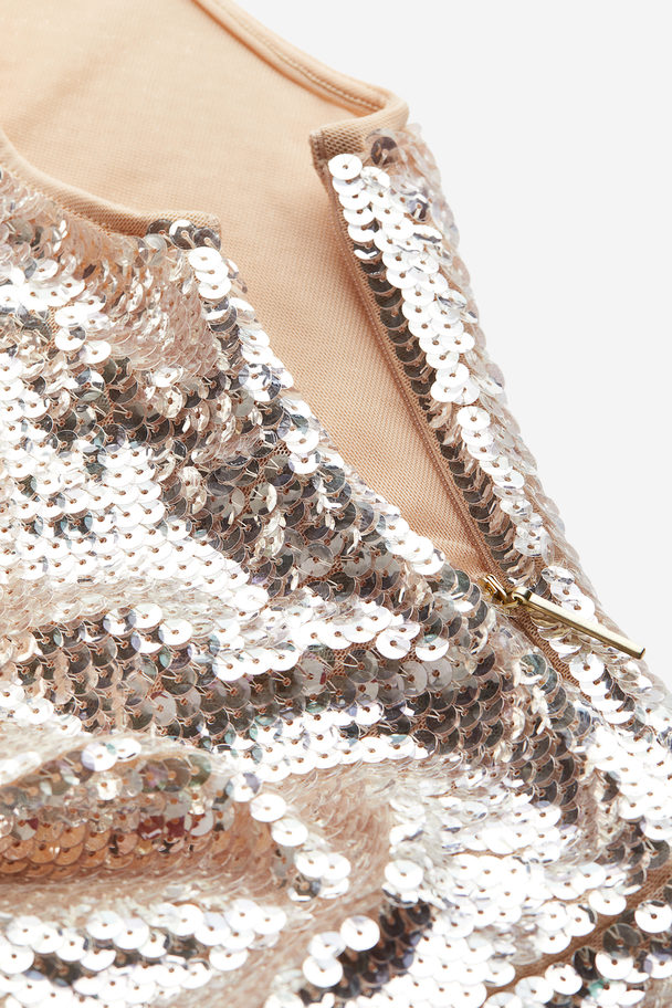 H&M Sequined One-shoulder Dress Light Beige