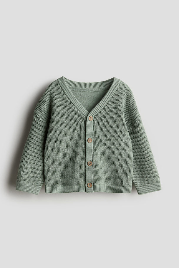 H&M Waffle-knit Cardigan Light Khaki Green