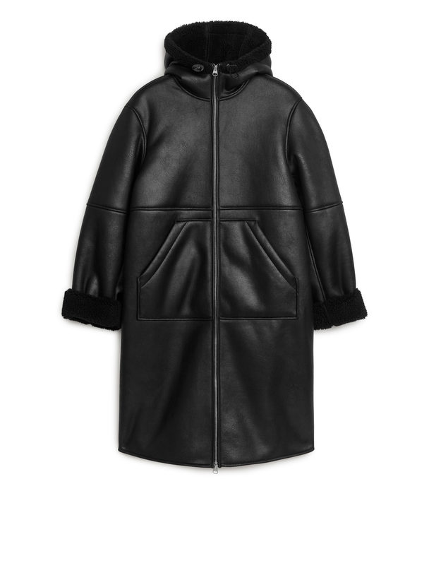 ARKET Hooded Moleskin Coat Black