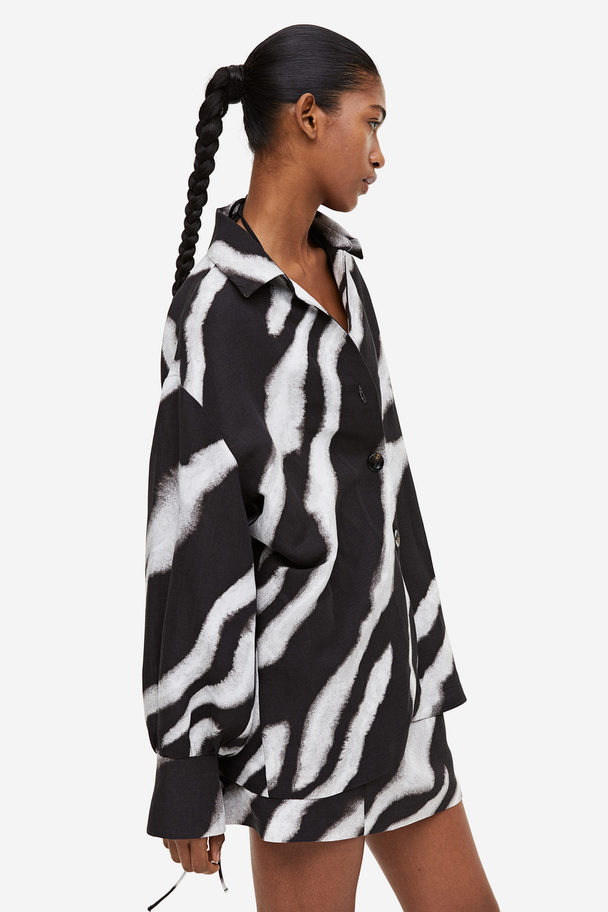 H&M Skjorte I Hørblanding Med Bindedetalje Sort/zebramønstret