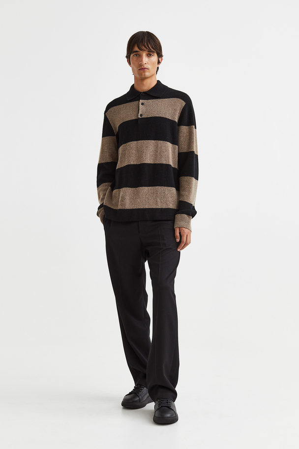 H&M Relaxed Fit Wool Polo Shirt Dark Beige/striped