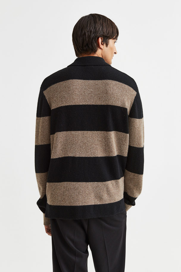 H&M Relaxed Fit Wool Polo Shirt Dark Beige/striped