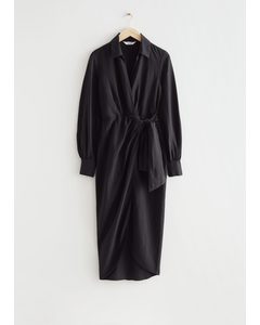 Collared Wrap Midi Dress Black