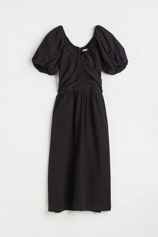 H&M Gathered Puff-sleeved Dress Black