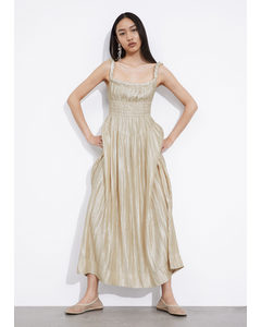 Shirred Satin Midi Dress Cream