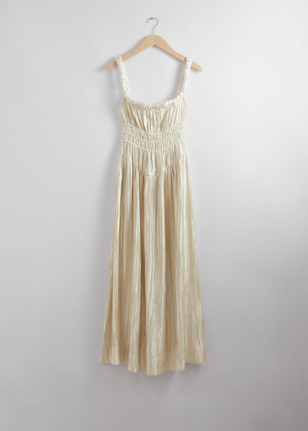 & Other Stories Shirred Satin Midi Dress Cream