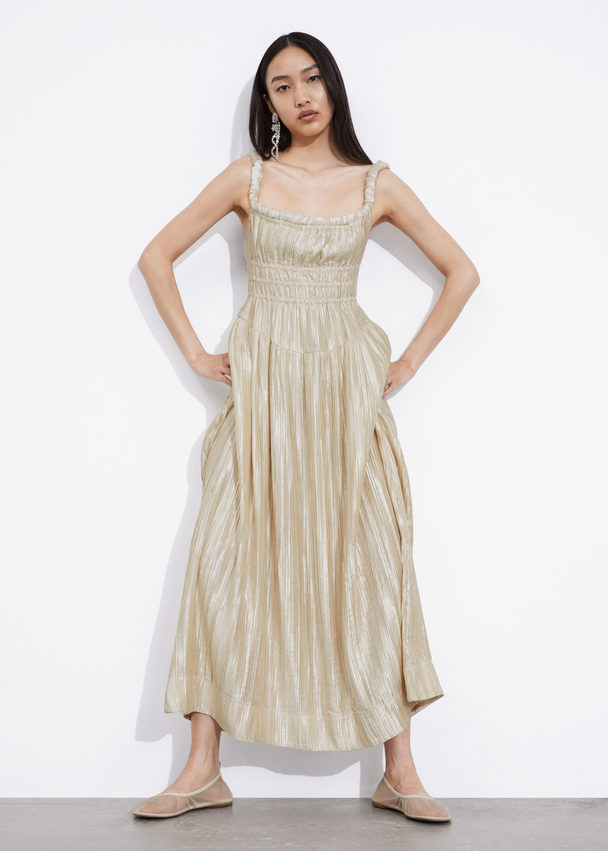 & Other Stories Shirred Satin Midi Dress Cream